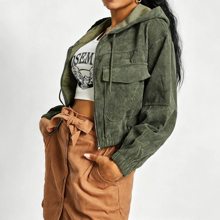 Women's short cord jacket with hood, zipper and applied breast pockets Drune