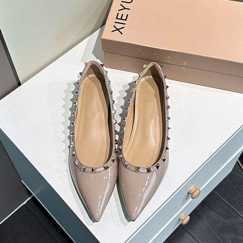Ladies Flat Pointed Patent Ballerinas with Cushioned Comfort Insole and Studded Trim Mune Fashion