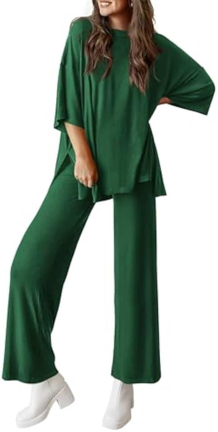 Women's Casual Lounge Set made of Soft Jersey with Oversized Tunic and Wide Palazzo Pants Drune