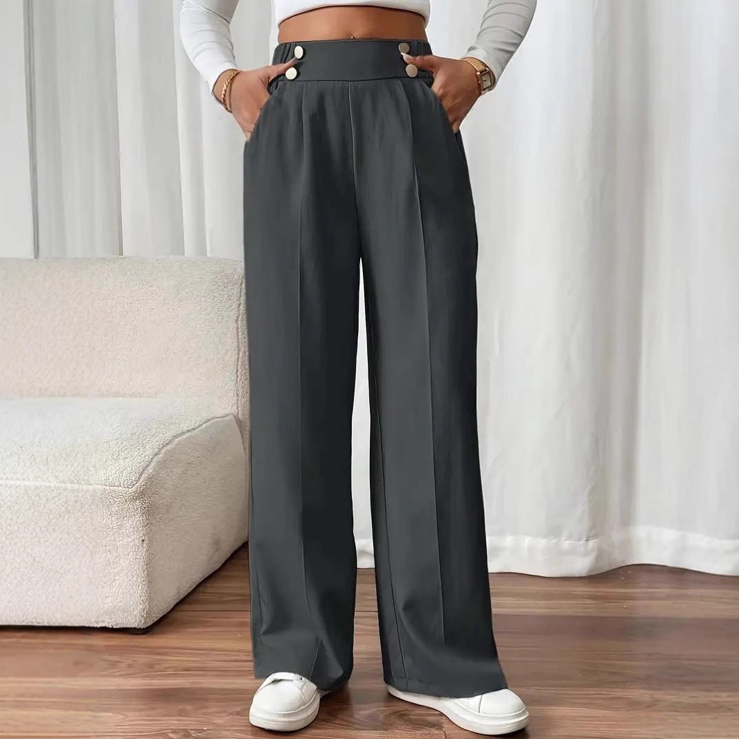 Women's High-Waisted Wide Marlene Pants with Decorative Button Waistband and Ironed Pleat Mune Fashion