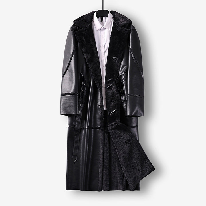 Men's Maxi Long Faux Leather Coat with Teddy Lining and Waist Belt Mune Fashion