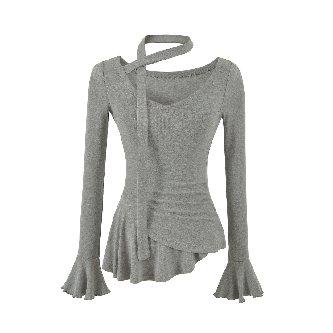 Women's asymmetrical fitted long sleeve top with wrap scarf, flared bell sleeves, and tiered peplum Mune Fashion