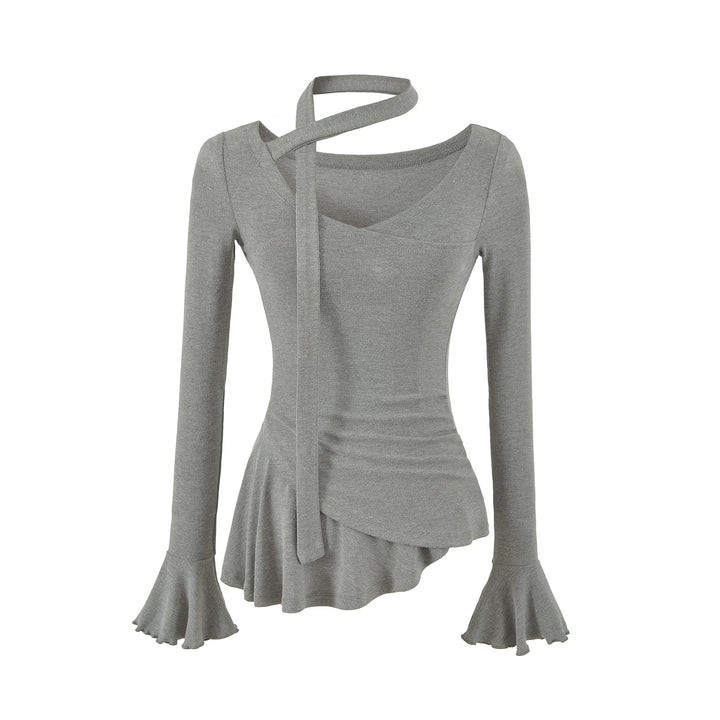 Women's asymmetrical fitted long sleeve top with wrap scarf, flared bell sleeves, and tiered peplum Mune Fashion