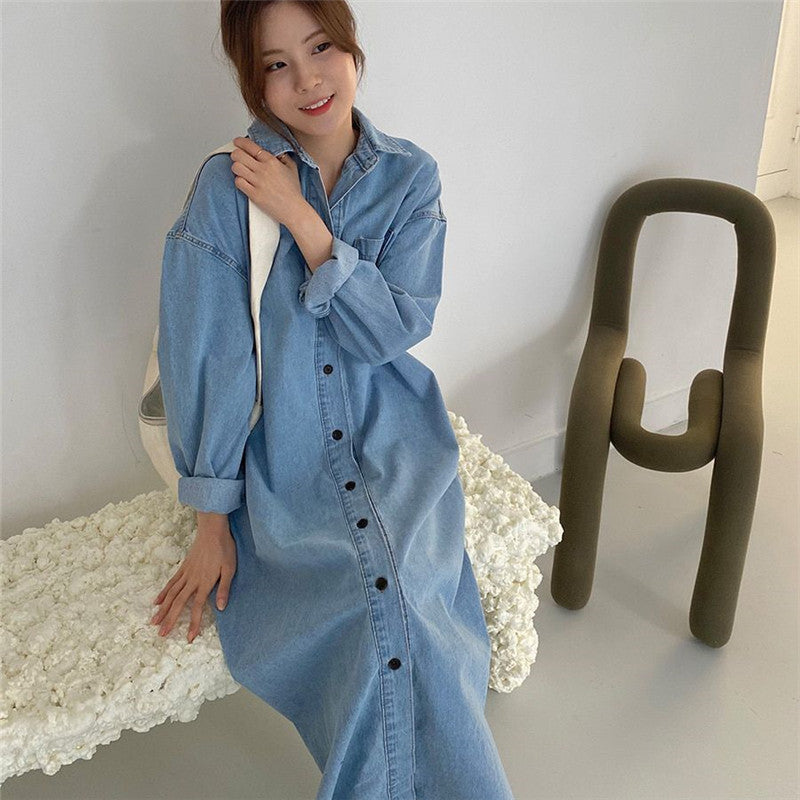 Women Oversized Denim Maxi Dress in Shirt Style with Chest Pocket and Full Button Placket Mune Fashion