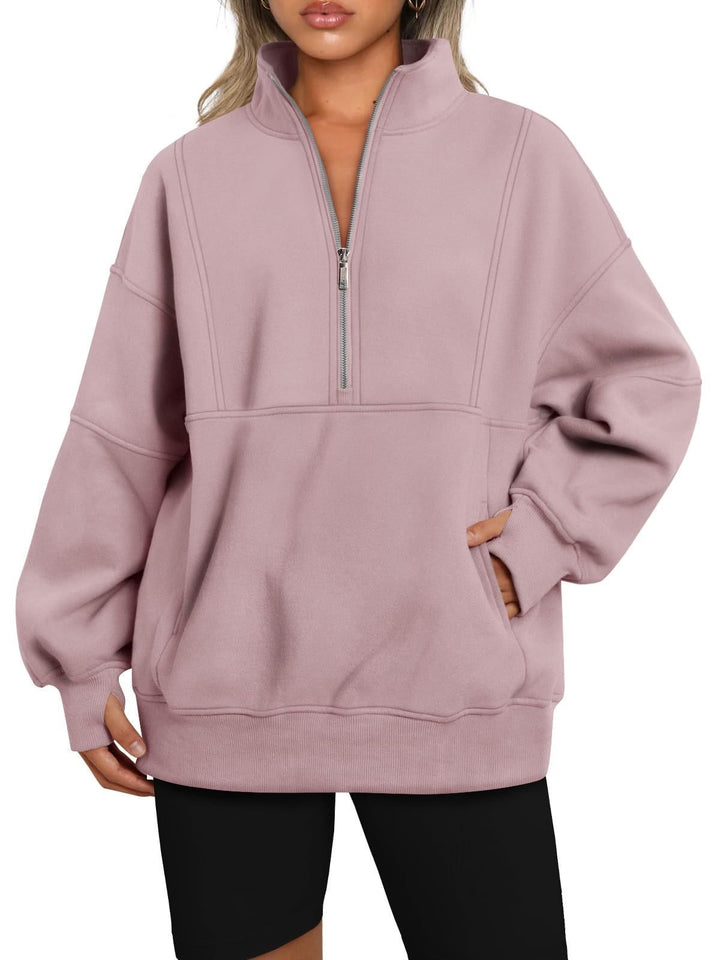 Women's Oversized Sweatshirt with Half Zipper, Stand-Up Collar and Kangaroo Pocket Mune Fashion