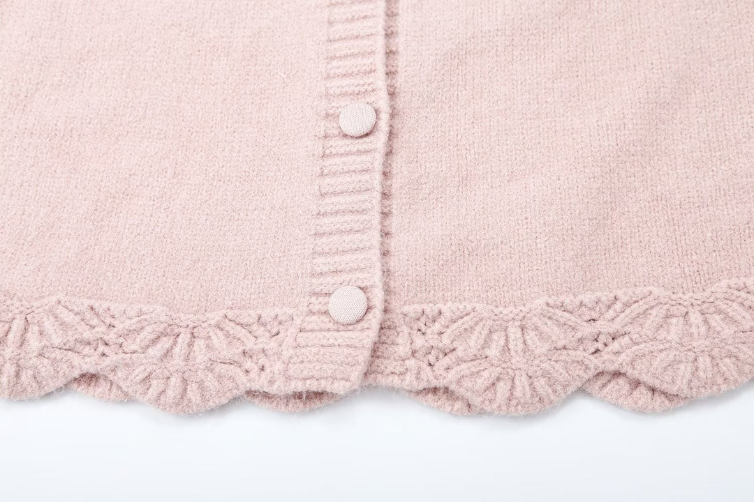 Women's fine knit cardigan with hood, button placket and crocheted trim Mune Fashion