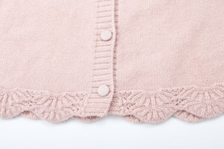 Women's fine knit cardigan with hood, button placket and crocheted trim Mune Fashion