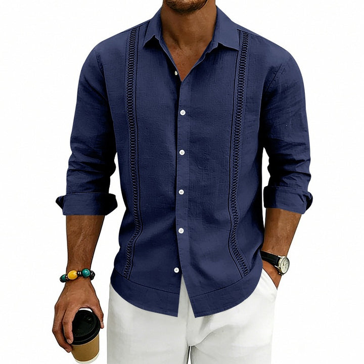 Men's Lightweight Cotton Long Sleeve Shirt with Decorative Stitches and Kent Collar Mune Fashion