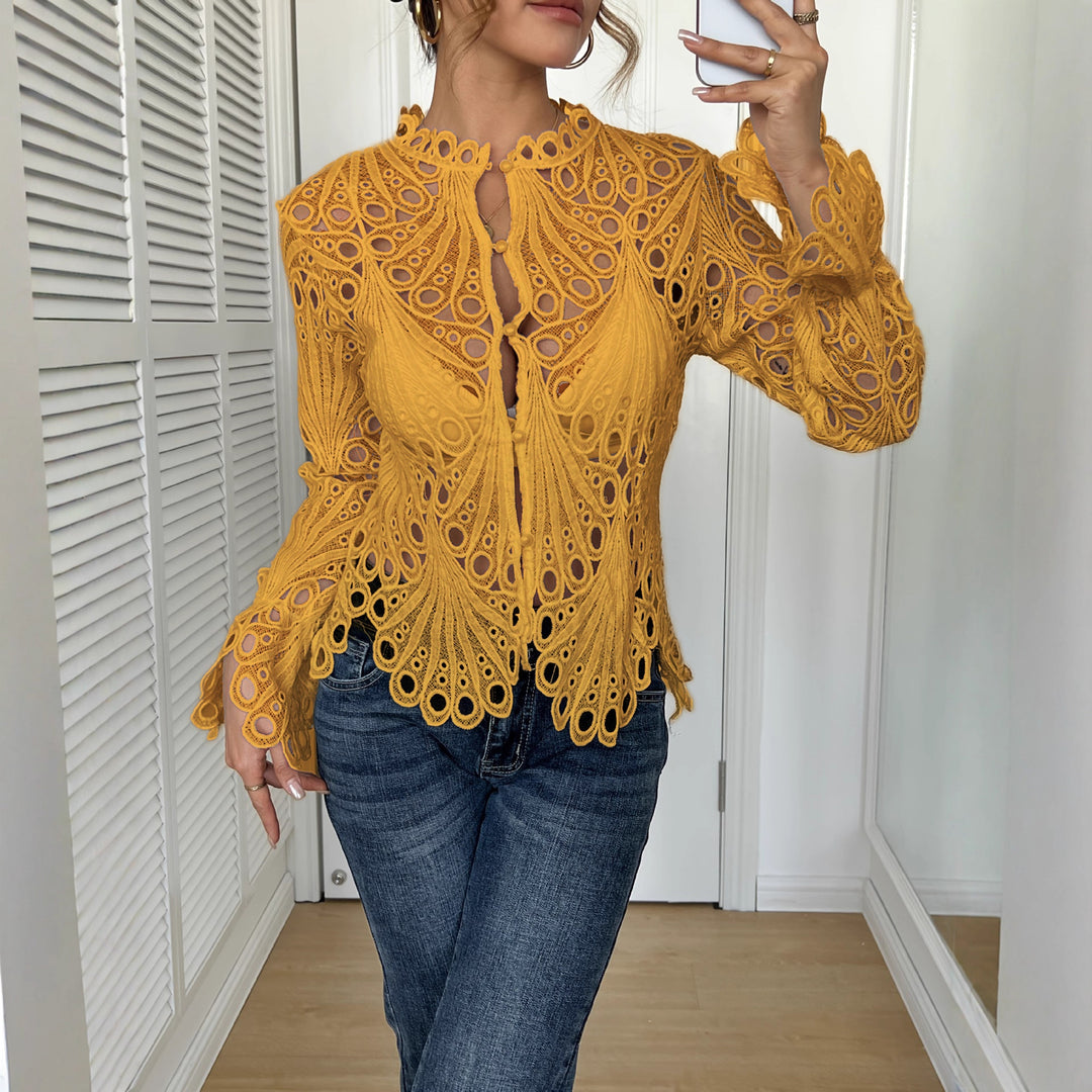 Women's filigree crochet lace blouse with stand-up collar, decorative button placket, and wavy hem Mune Fashion
