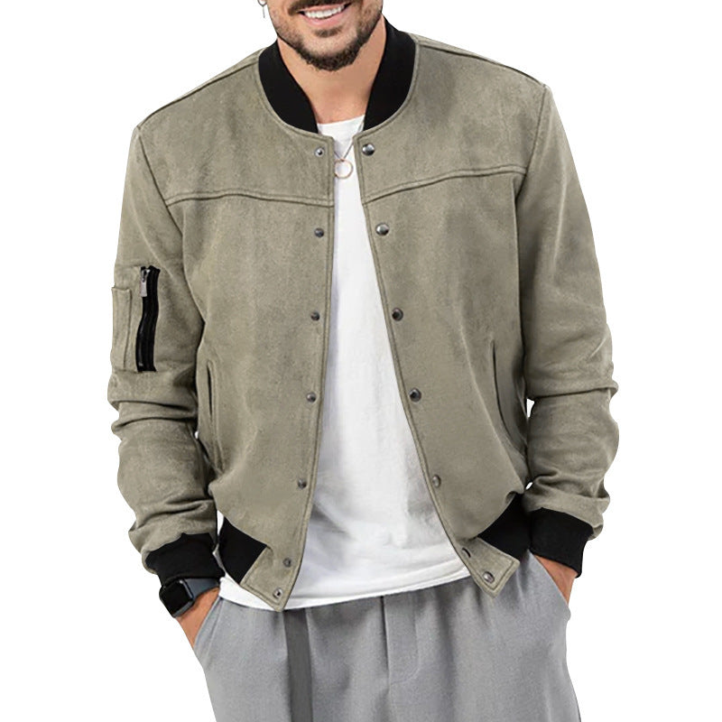 Men's velour look college bomber with press stud placket, ribbed collar and zip sleeve pocket Mune Fashion