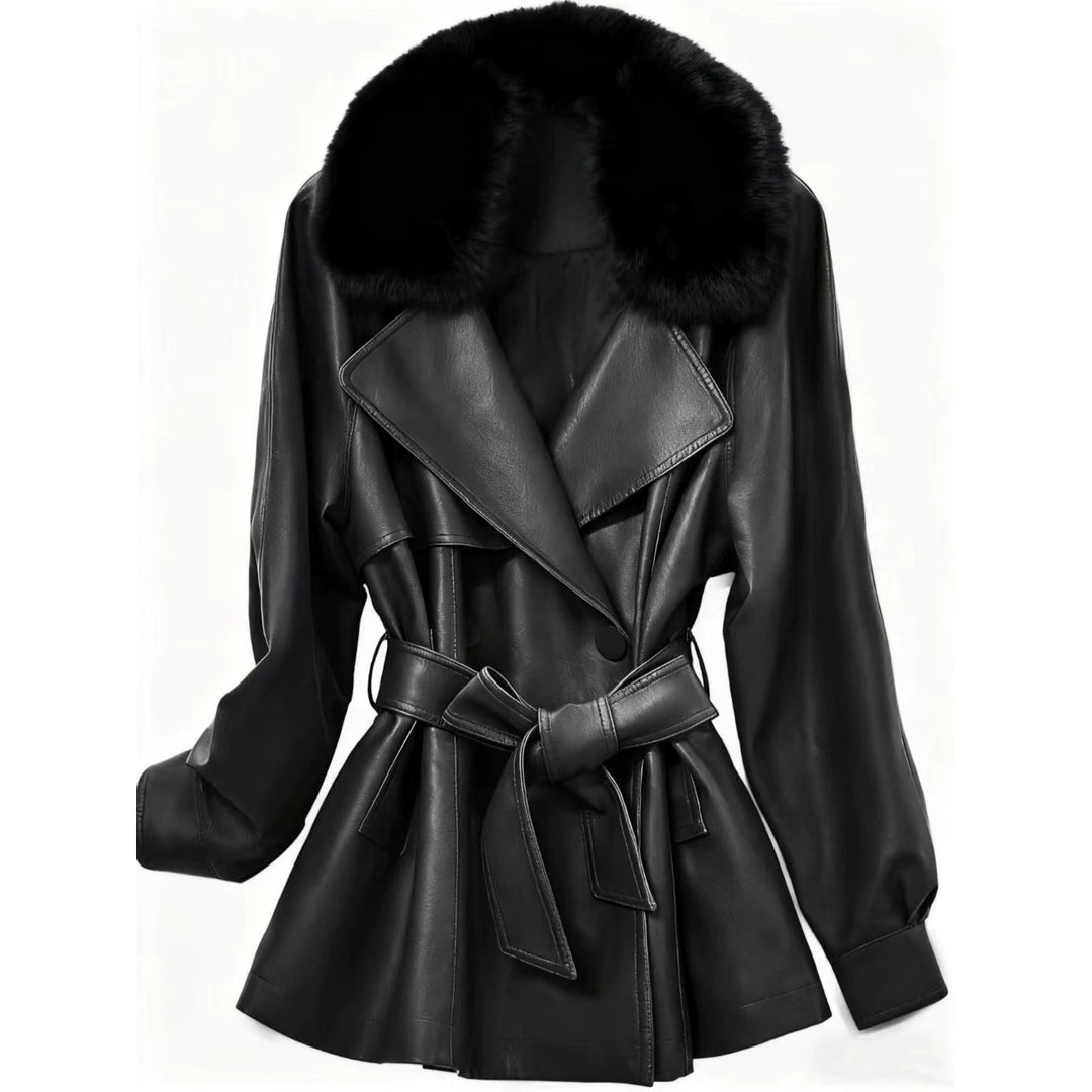 Ladies short coat made of faux leather with removable faux fur collar and waist belt Mune Fashion