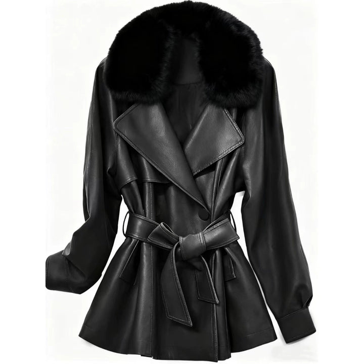 Ladies short coat made of faux leather with removable faux fur collar and waist belt Mune Fashion