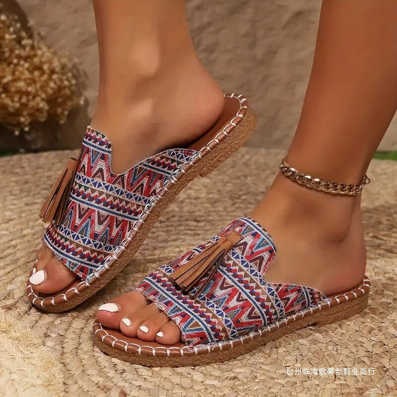 Women's Boho-Ethno-Tassel-Slides with Braided Sole and Padded Insole Mune Fashion