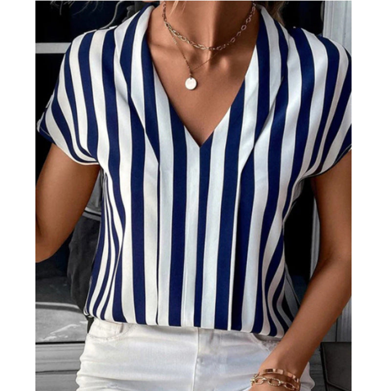 Women nan V-neck blouse with vertical stripe pattern and cap sleeves Mune Fashion
