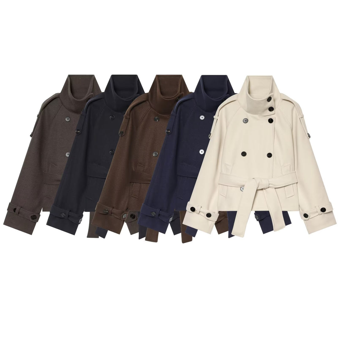 Ladies short cape jacket made of wool blend with high standing collar, double-breasted and tie belt Mune Fashion