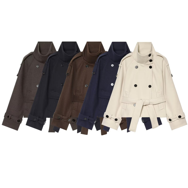 Ladies short cape jacket made of wool blend with high standing collar, double-breasted and tie belt Mune Fashion