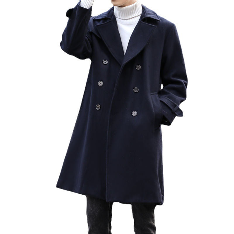 Men's Double-Breasted Wool Coat with Waist Belt and Classic Lapel Mune Fashion