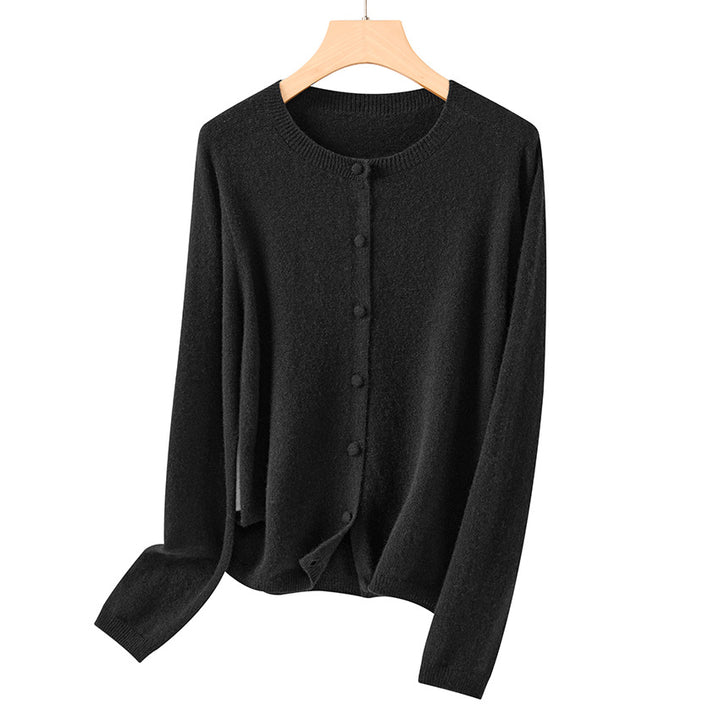 Women Fine Round Neck Cardigan with Button Placket and Light Fleece Mune Fashion