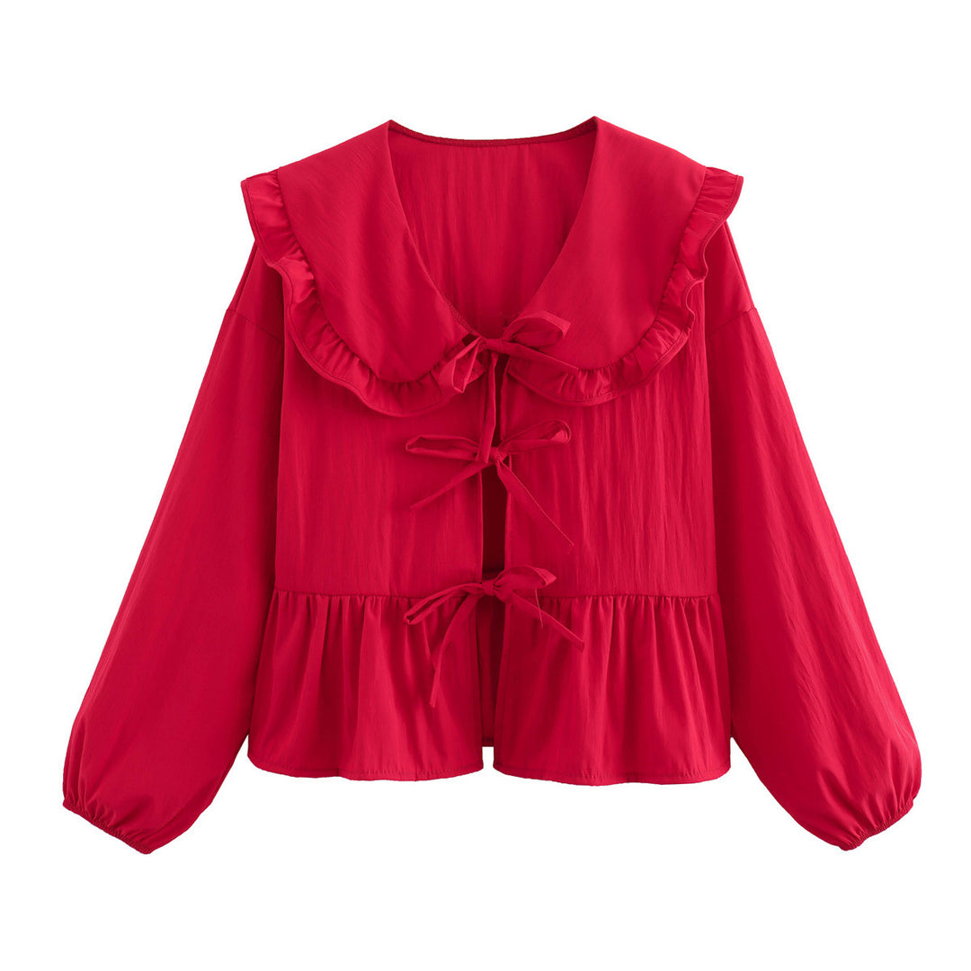 Women's Ruffle Blouse with Large Peter Pan Collar, Ties and Balloon Sleeves Mune Fashion