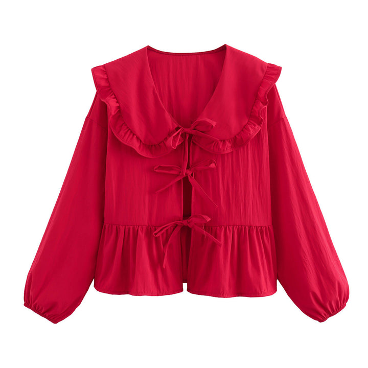 Women's Ruffle Blouse with Large Peter Pan Collar, Ties and Balloon Sleeves Mune Fashion