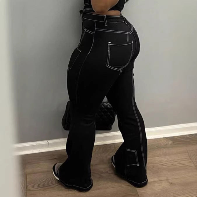 Ladies High-Waist Flared Jeans with Contrast Stitches and Cargo Inserts Mune Fashion