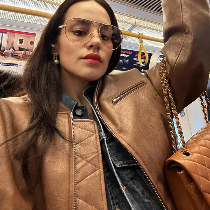 Women's Casual Bomber Jacket Made Of High-Quality Faux Leather Mune