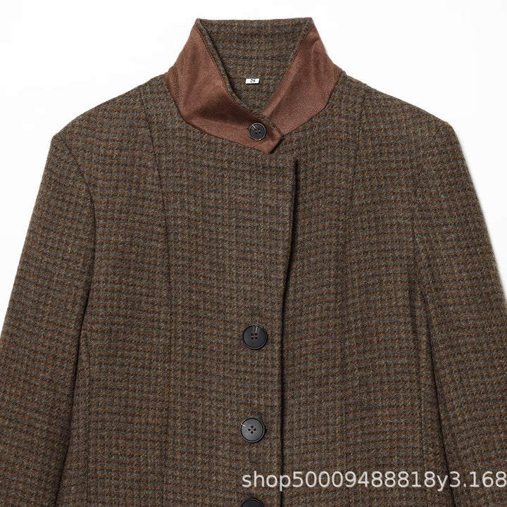 Women Short Tweed Blazer with Standing Collar, Button Placket and Flap Pockets Mune Fashion