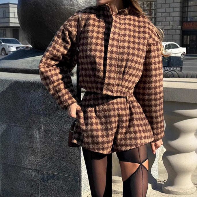 Ladies Two-Piece Houndstooth Wool Blend Set with Tailored Short Blazer and High-Cut Shorts Mune Fashion