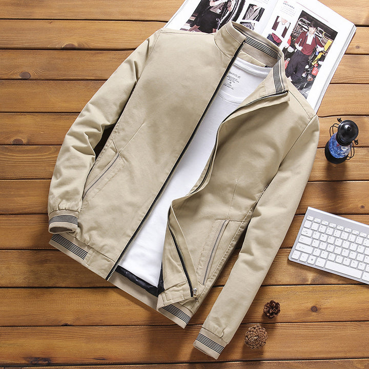 Men's Casual Canvas Blouson with Stand-Up Collar, Zipper and Ribbed Cuffs Mune Fashion