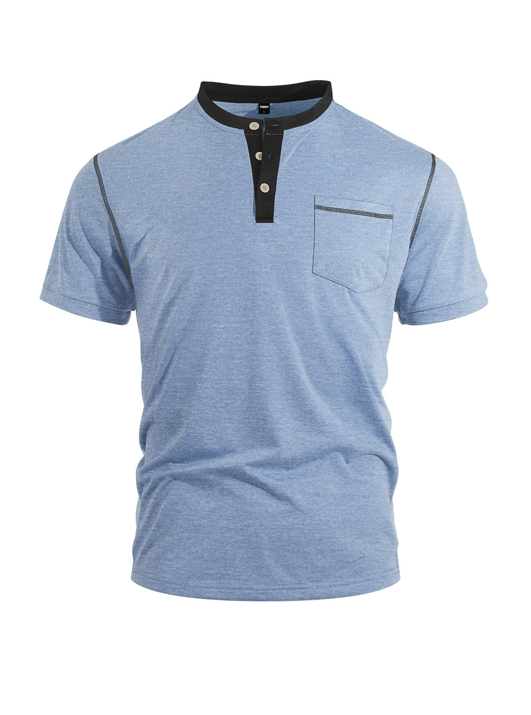 Men's short-sleeve band collar shirt with button placket, chest pocket, and flatlock seams Mune Fashion