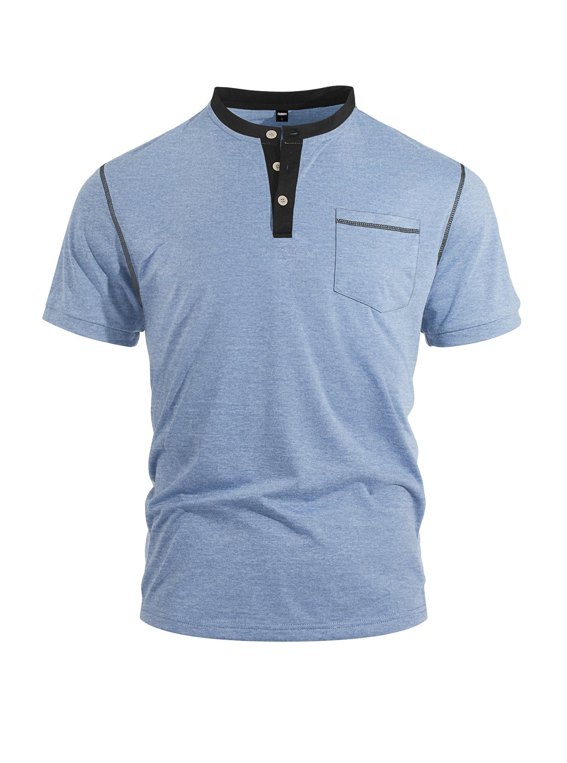 Men's short-sleeve band collar shirt with button placket, chest pocket, and flatlock seams Mune Fashion