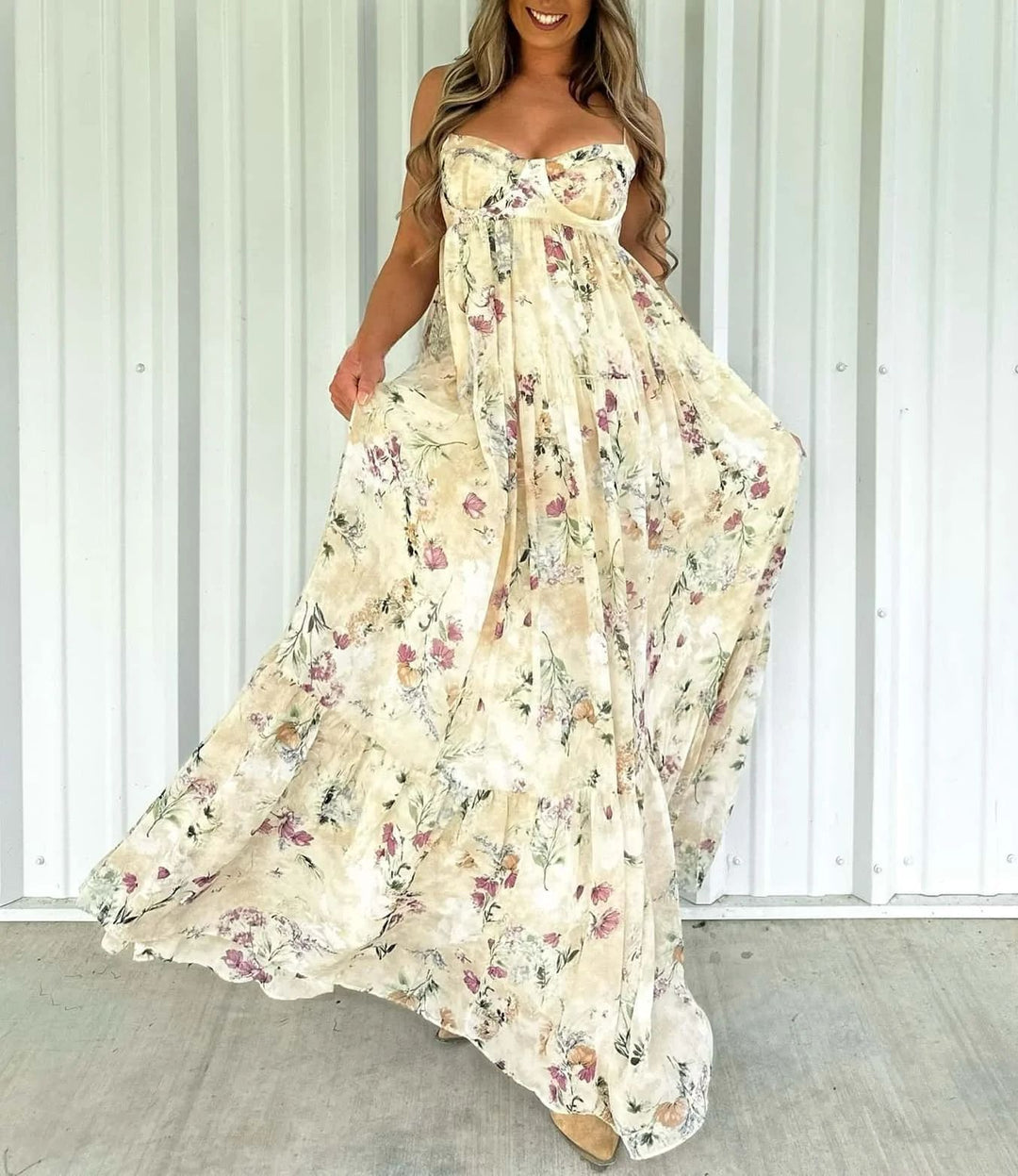Women’s strapless maxi dress with heart-shaped bustier, gathered empire waist and soft tiered skirt Mune Fashion