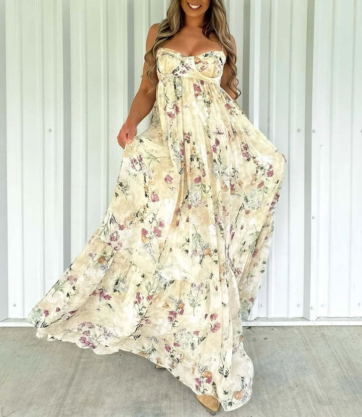 Women’s strapless maxi dress with heart-shaped bustier, gathered empire waist and soft tiered skirt Mune Fashion