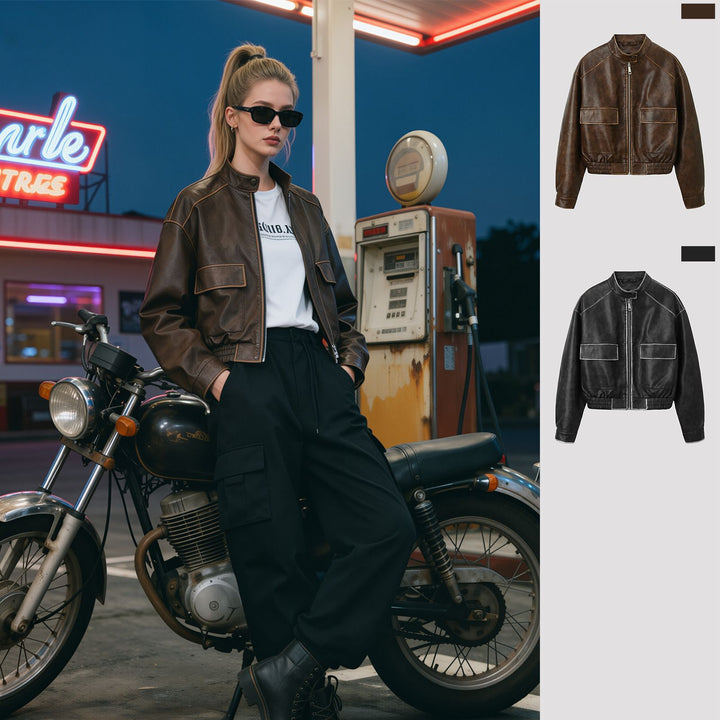Women Trendy Biker Jacket with Stand-up Collar Mune Fashion