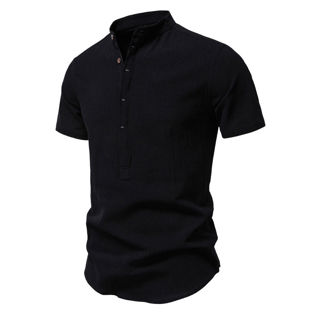 Men's casual short-sleeve shirt with stand-up collar, half button placket, and lightly textured cotton-linen quality Mune Fashion