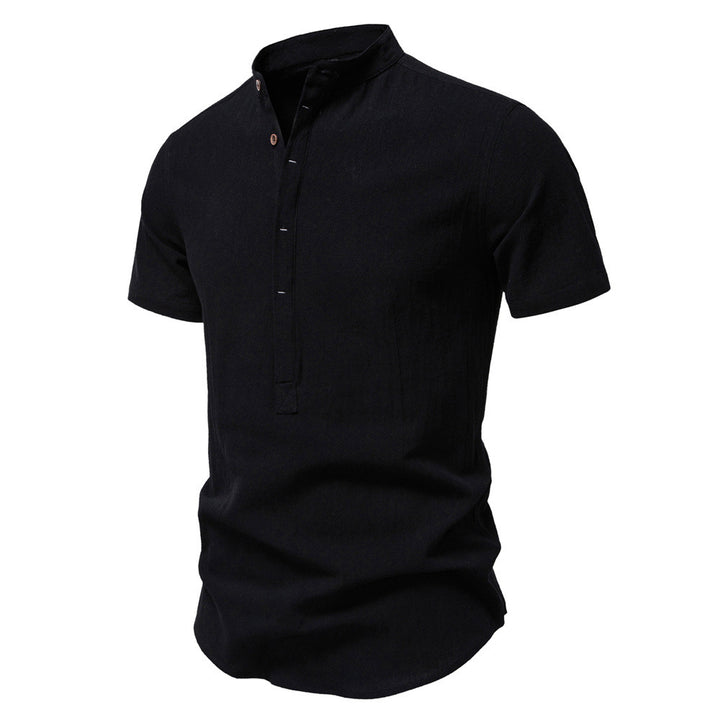 Men's casual short-sleeve shirt with stand-up collar, half button placket, and lightly textured cotton-linen quality Mune Fashion
