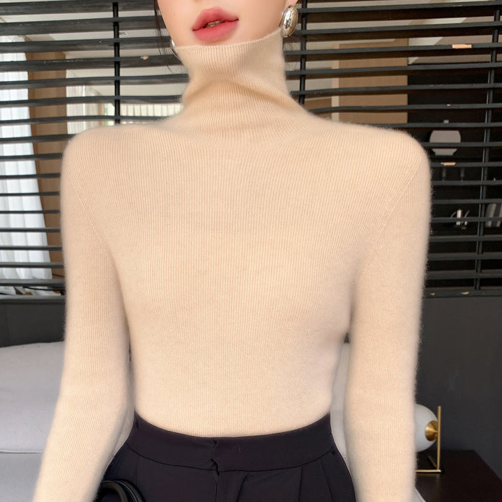 Women Slim Fine Knit Sweater with High Roll Neck and Fine Rib Structure Mune Fashion