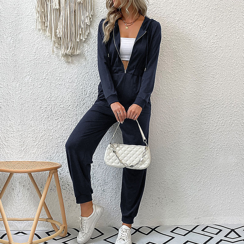 Women's Casual Jumpsuit Overall with Zipper, Elastic Waist and Cuffs Mune Fashion