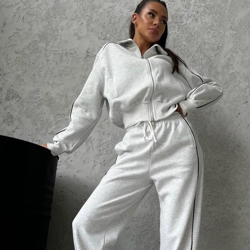 Women's casual sweatset with stand-up collar zip cropped jacket and high-waisted flared pants Mune Fashion