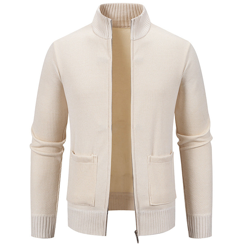 Men's finely structured zip-up knitted cardigan with stand-up collar and patch pockets Mune Fashion