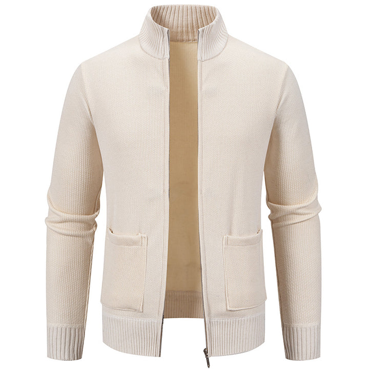 Men's finely structured zip-up knitted cardigan with stand-up collar and patch pockets Mune Fashion