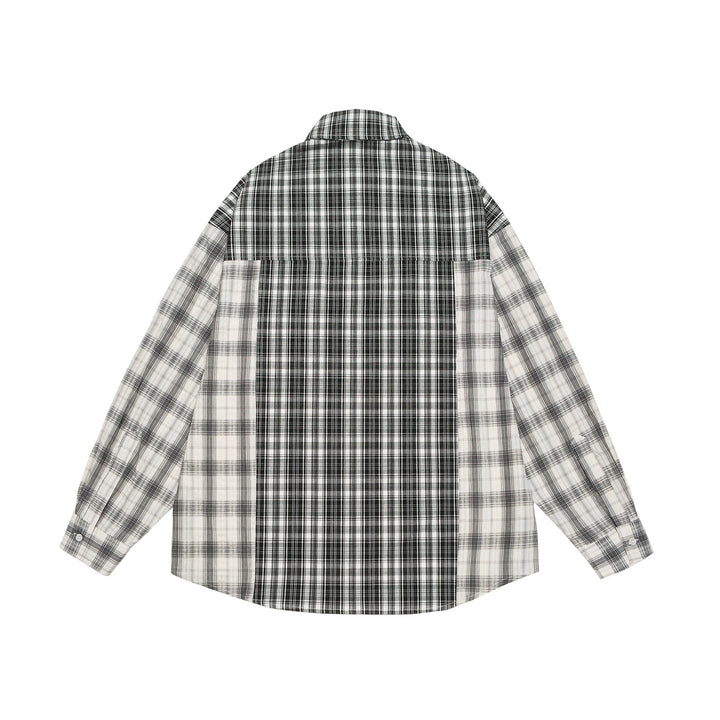 Unisex Oversized Shirt Jacket with Patchwork Check Pattern and Rounded Hem Mune Fashion