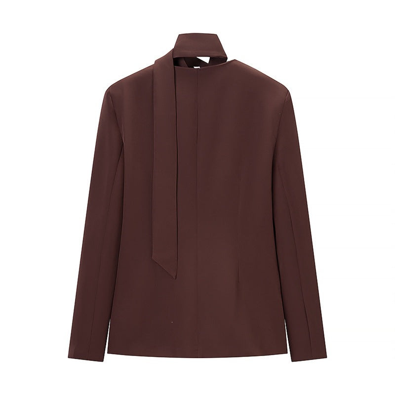 Women's Tailored Blazer with Bow, V-Neck and Flap Pockets Mune Fashion