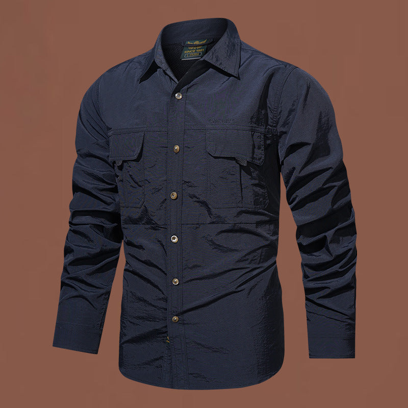 Men's lightweight functional long-sleeve utility shirt with patch chest pockets and breathable nylon blend.