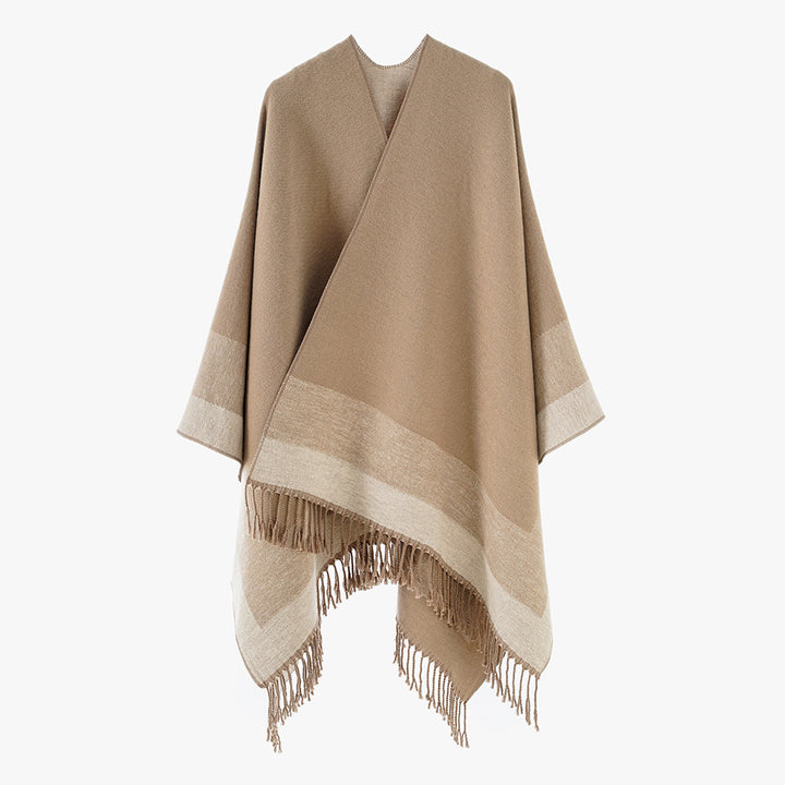 Women's Rectangular Wool Blend Poncho with Open Front, Fine Overlock Stitching and Fringed Hem Mune Fashion