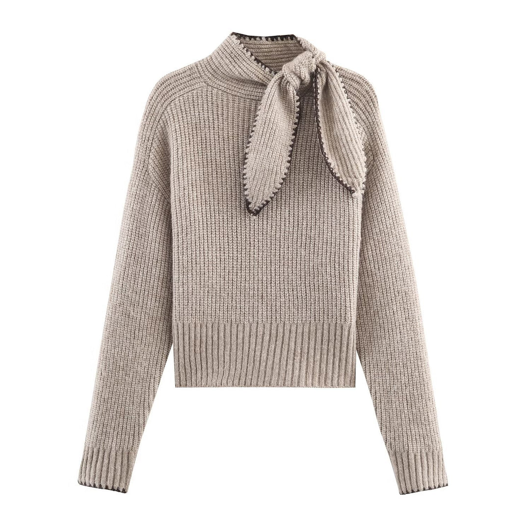 Women's Short-Cut Ribbed Knit Sweater with High Collar and Integrated Knot Scarf Mune Fashion