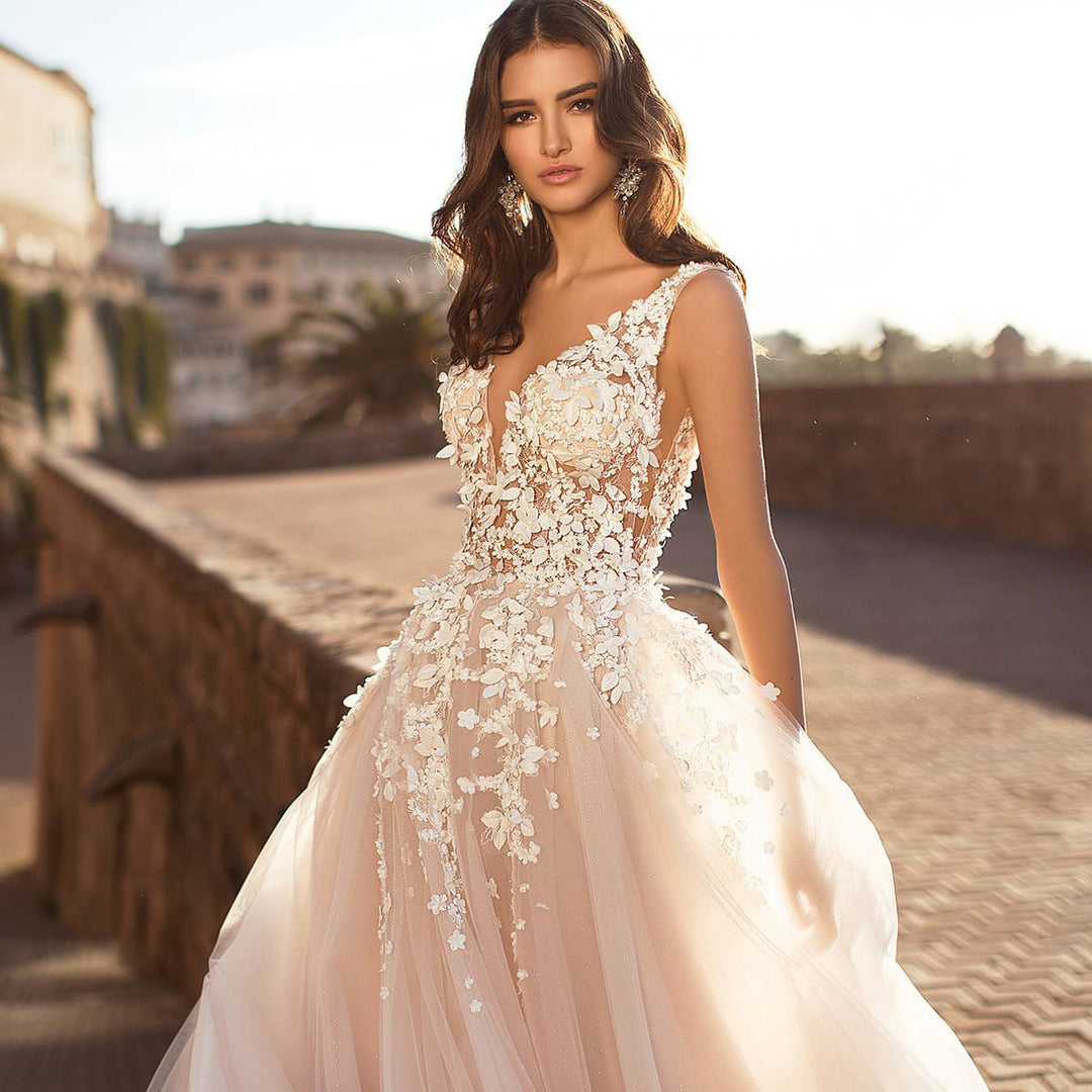 Festive Women's Wedding Dress with Floral Appliqués and Shimmering Tulle for Weddings | Mune Fashion