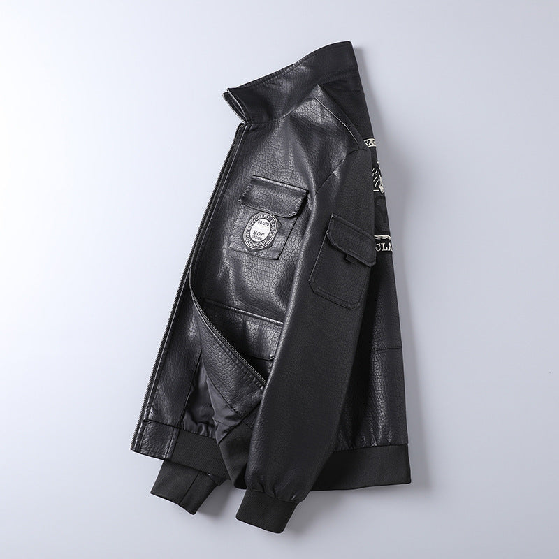 Men's faux leather field bomber jacket in pilot style with patch appliqués and front flap pockets Mune Fashion