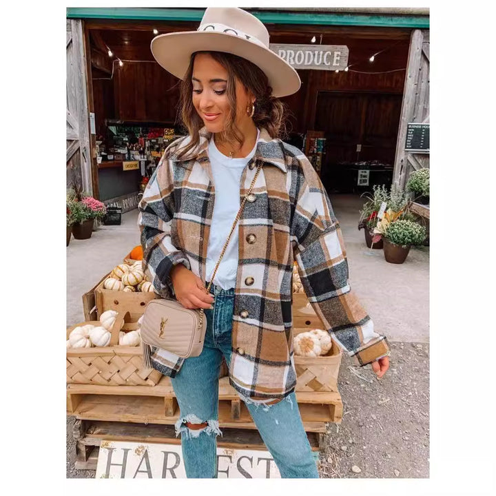 Women's Oversized Checked Flannel Shacket with Chest Pockets and Wooden Buttons Mune Fashion