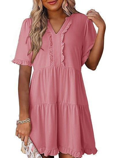 Women's lightweight swing dress with V-neck, tiered skirt and delicate ruffles Mune Fashion